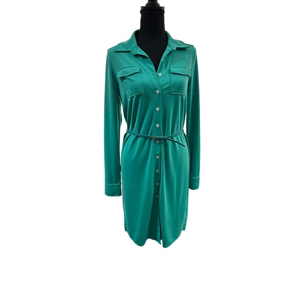 Anne Klein Dresses & Skirts - AK Turquoise Shirt Dress Button Front Long Sleeve Belted‎ Pocket Detail Women's